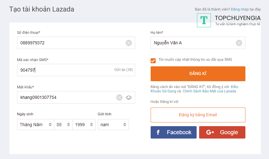 điền thông tin đăng ký tạo tài khoản Lazada affiliate